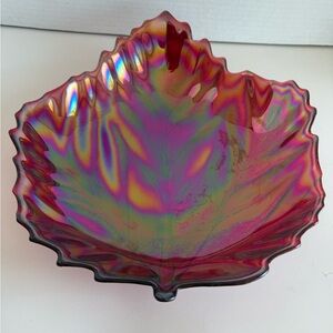 VTG Mid-Century Modern Yalos Casa Murano Stamped Red Iridescent Glass Leaf Dish